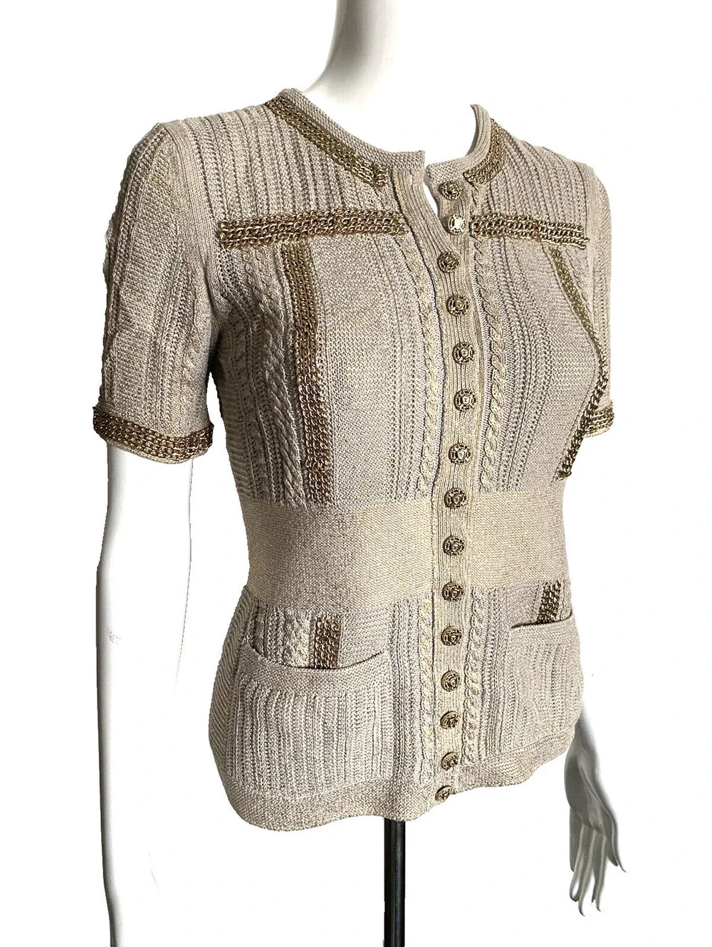 08P CHANEL FR-36 Metallic Knit Short-Sleeve Cardigan Top Gold Chain Trim Pockets